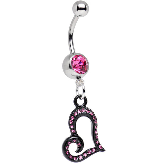 Pink Gem Paved Black Asymmetrical Heart Dangle Belly Ring