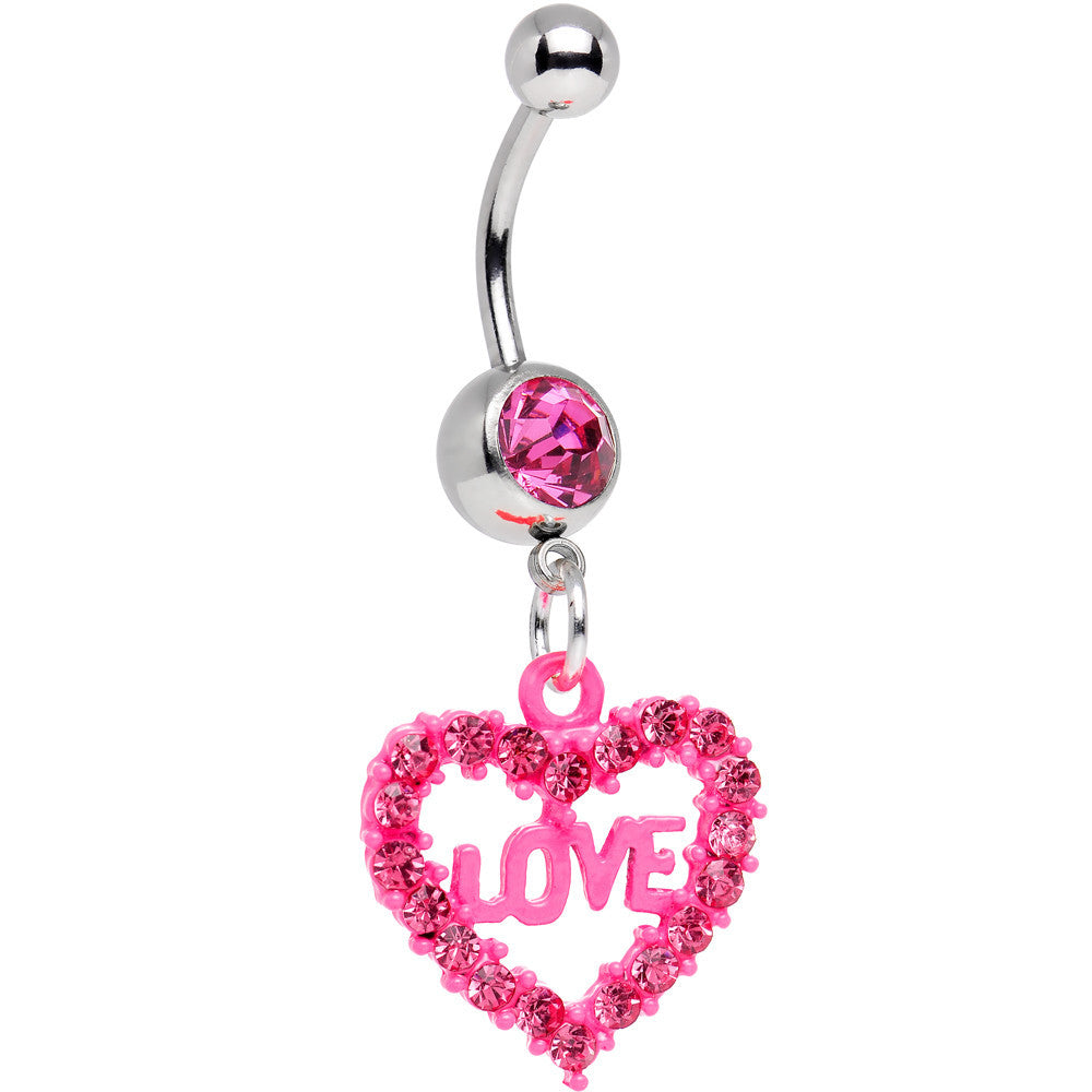 Pink Gem Sparkling Pink Heart Full of Love Dangle Belly Ring