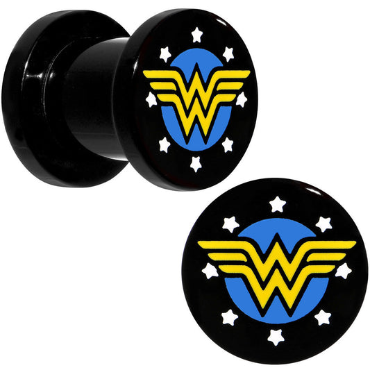 0G Black Acrylic Licensed Wonder Woman Logo Screw Fit Plug Set