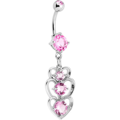 Pink Cubic Zirconia Cozy Hollow Heart Trio Dangle Belly Ring