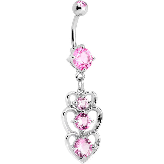 Pink Cubic Zirconia Cozy Hollow Heart Trio Dangle Belly Ring