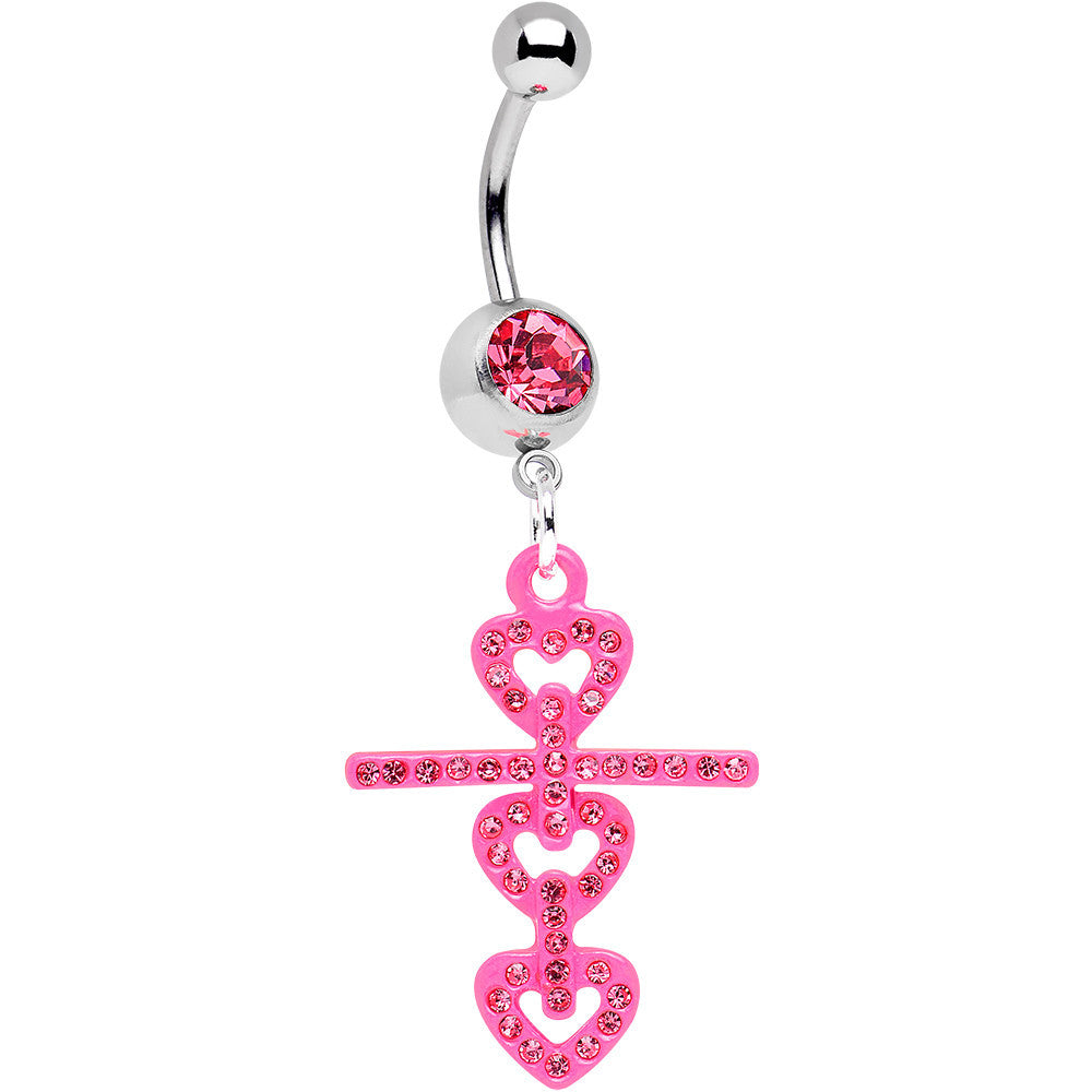 Pink Gem Cross of Pink Hearts Dangle Belly Ring
