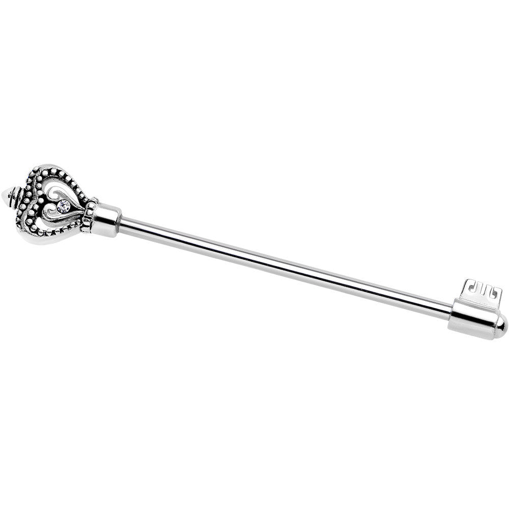 14G 925 Sterling Silver Clear Heart Key Industrial Barbell 32mm