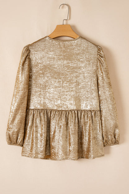 Bow Tie Front Puff Sleeve Ruffle Hem Blouse
