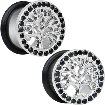 9/16 Black Gem Stainless Steel Single Flare Tree of Life Plug Set