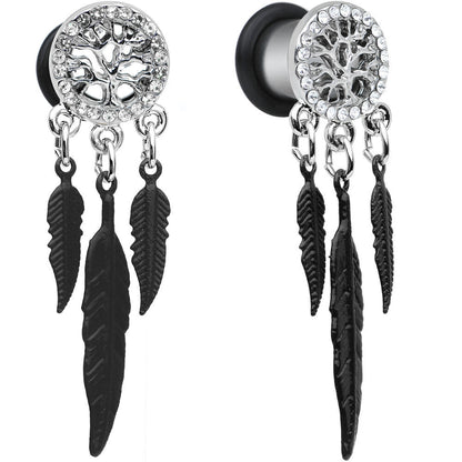 0G Clear Gem Steel Single Flare Tree of Life Dangle Plug Set