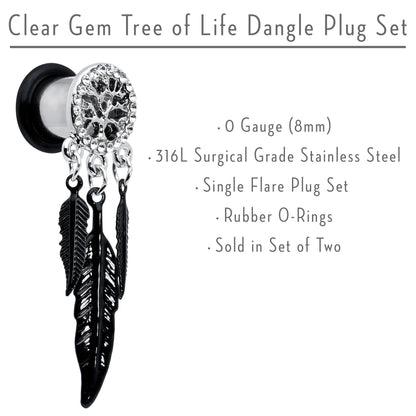 0G Clear Gem Steel Single Flare Tree of Life Dangle Plug Set