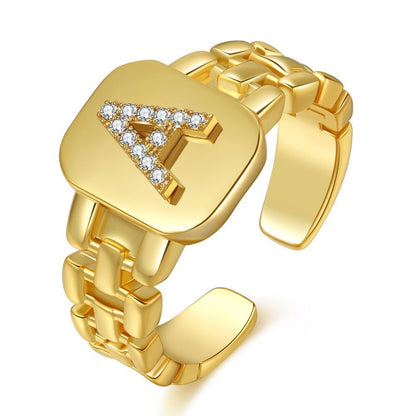 Letter Series Gold-plated Zircon Strap Design Ring