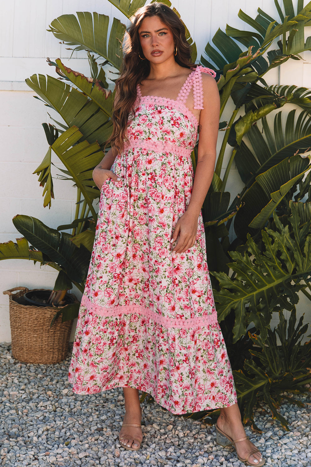 Floral Lace Tied-Strap Empire Waist Maxi Dress
