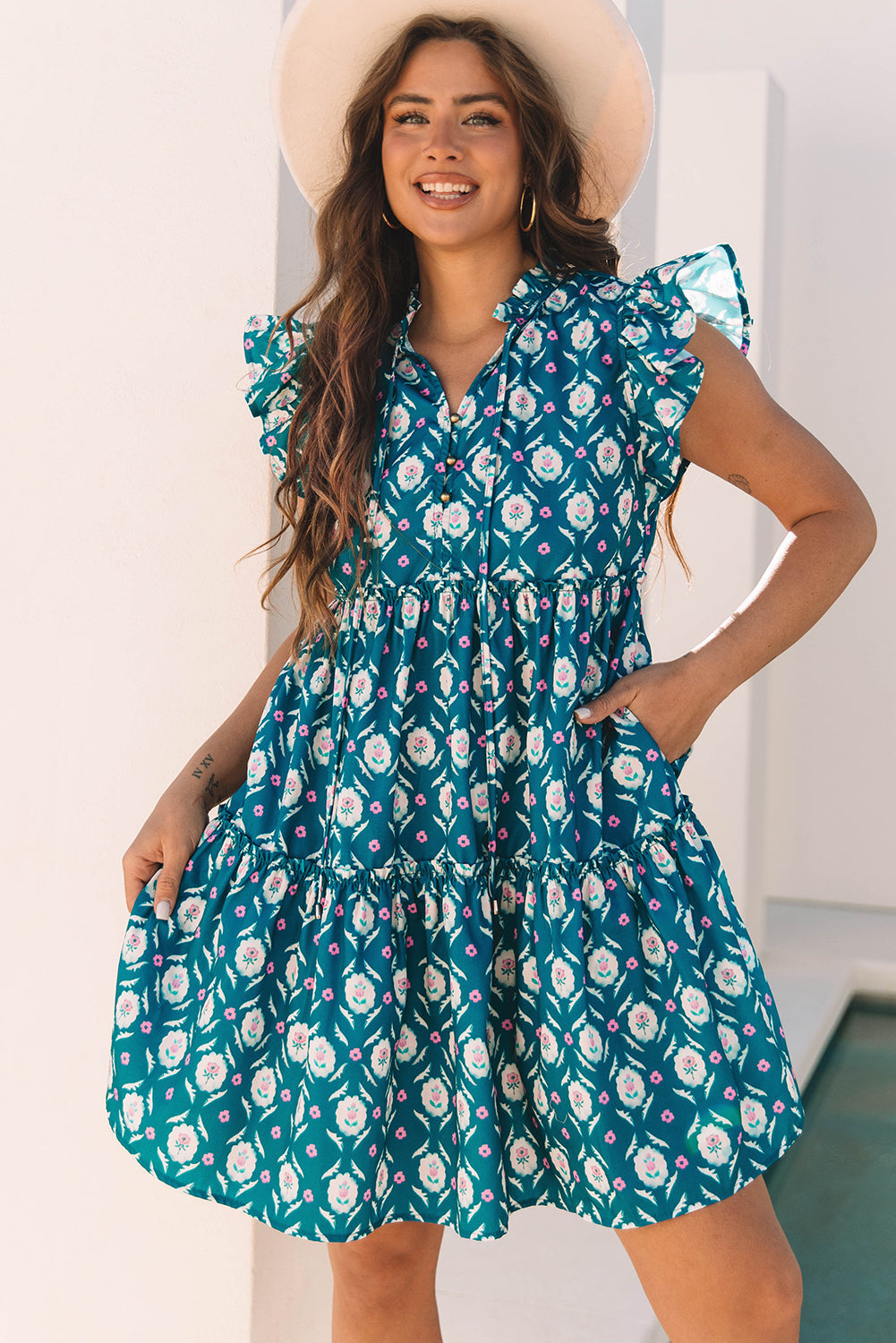 Floral Retro Split Neck Ruffle Sleeve Dress