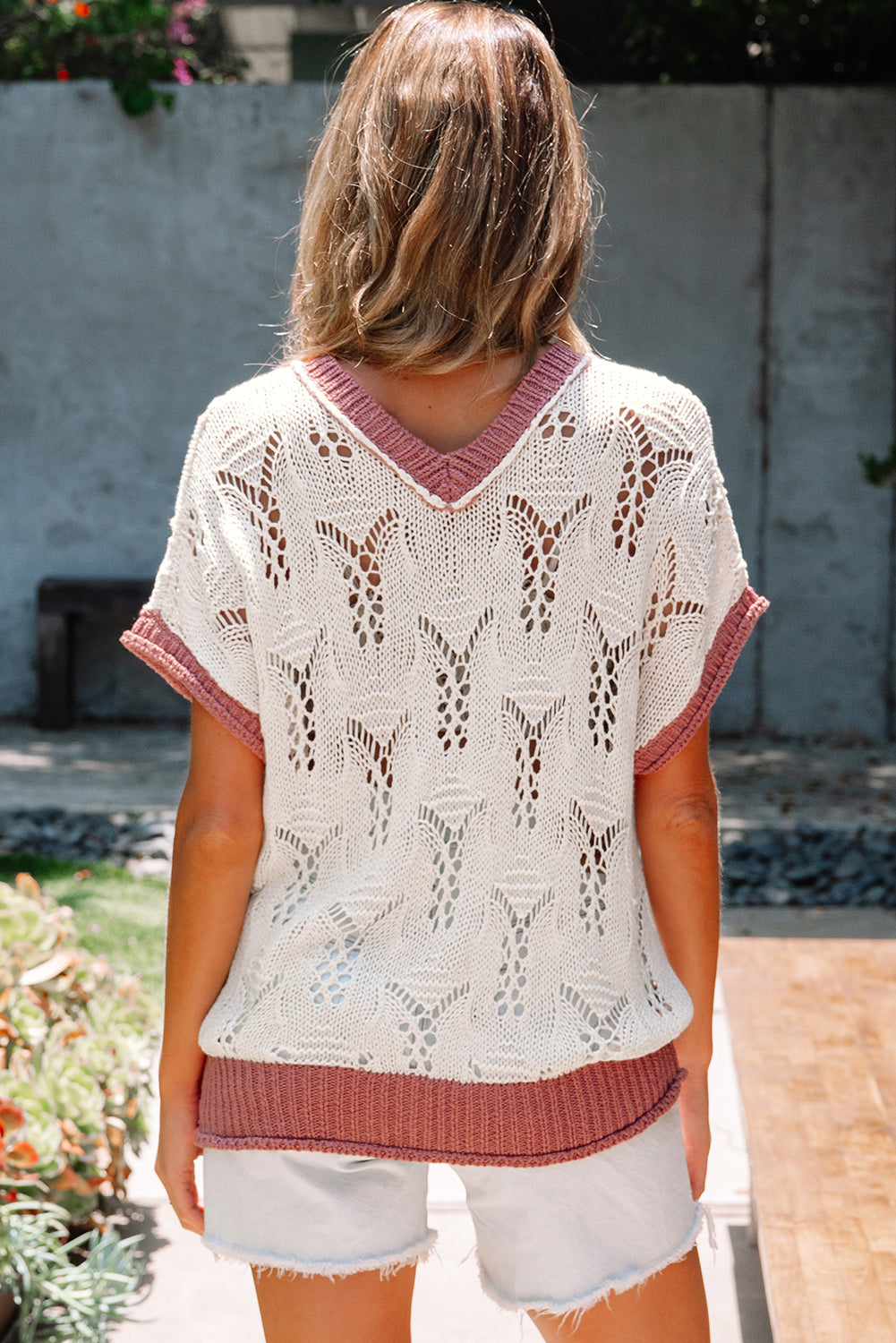 Flowers Embroidered Colorblock Edge Hollowed Sweater