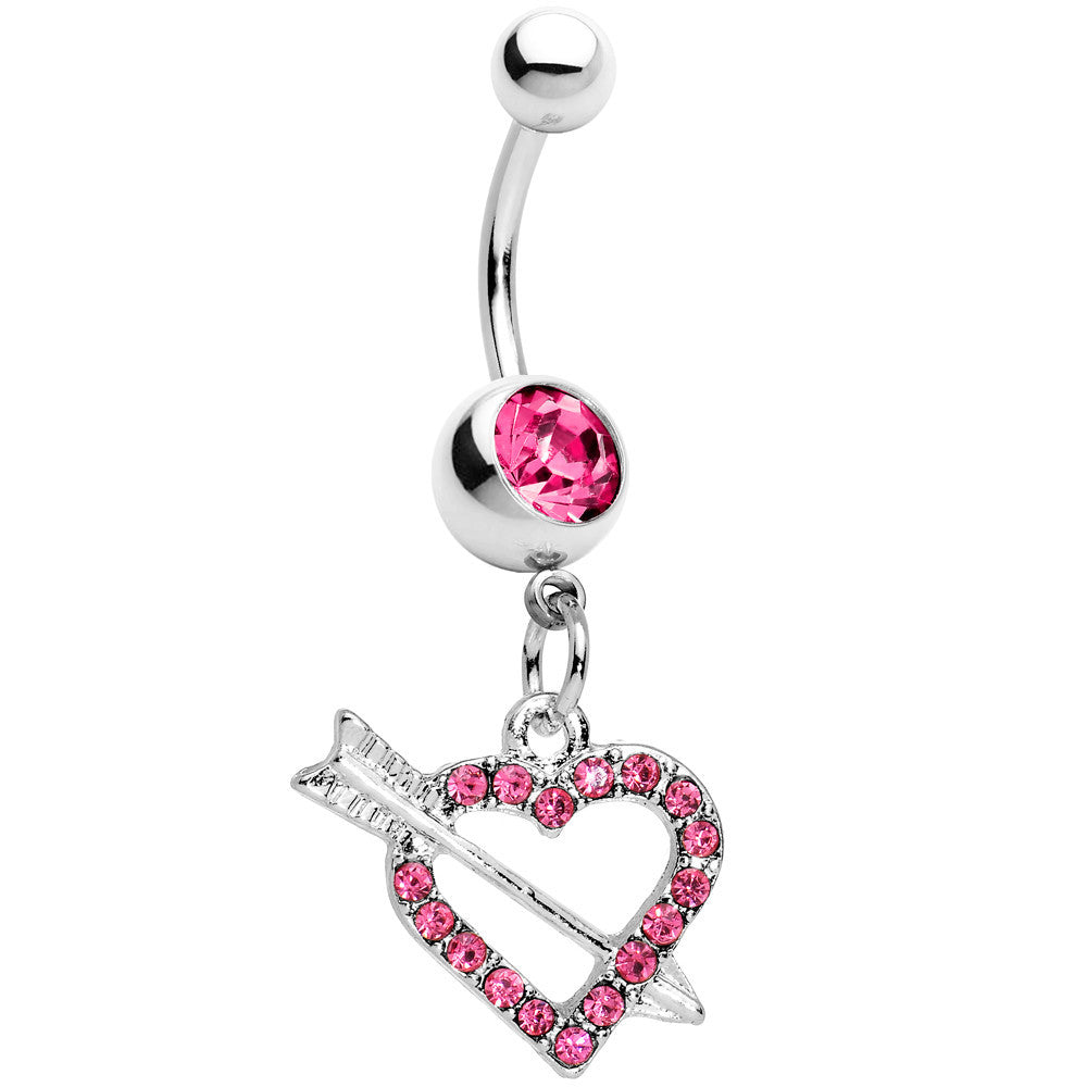 Pink Paved Impaled Heart Dangle Belly Ring