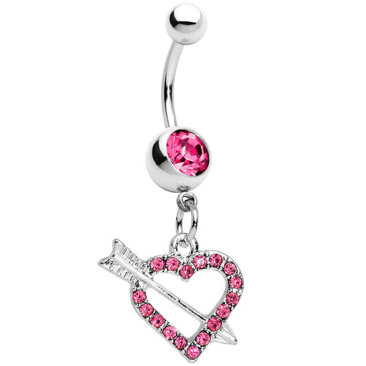 Pink Paved Impaled Heart Dangle Belly Ring