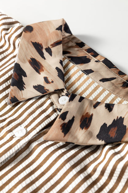 Plus Size Stripe Leopard Chest Pocket Collared Shirt
