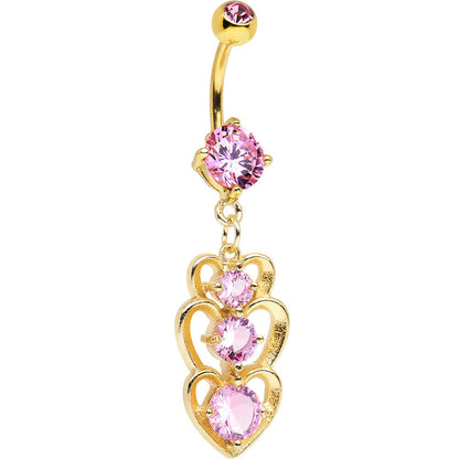 Pink Cubic Zirconia Gold PVD Trio of Hearts Dangle Belly Ring