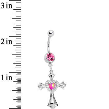 Pink Gem Pink Imitation Opal Cross Heart Dangle Belly Ring