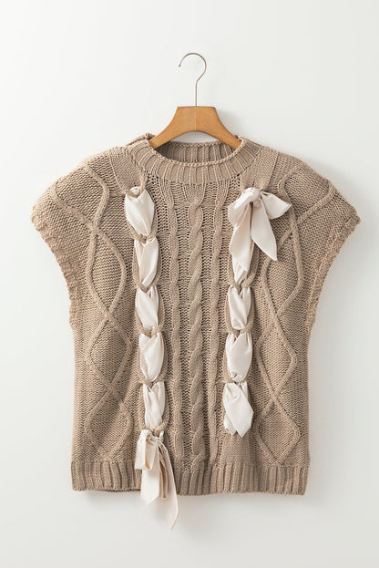 Cable Knit Colorblock Satin Bowknot Sweater