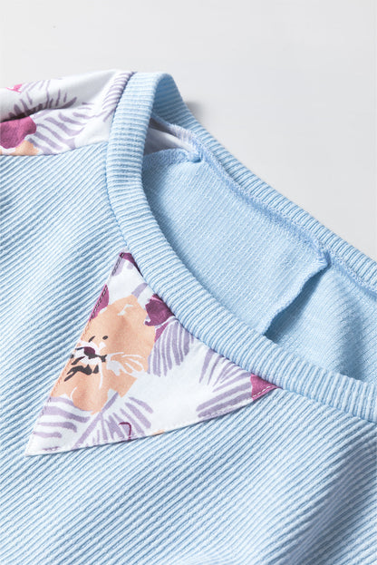 Floral Patchwork Balloon Sleeve Textured Blouse