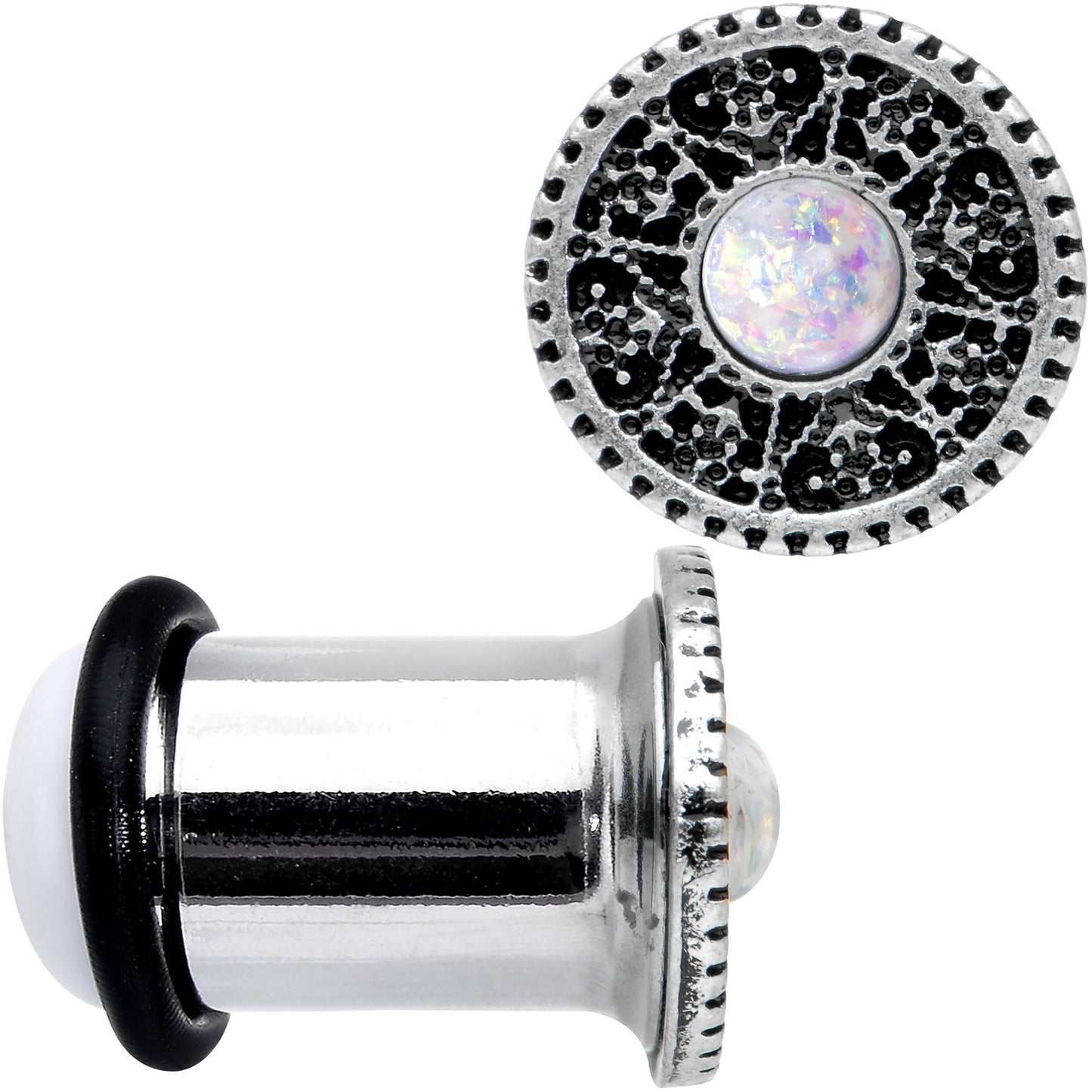 0G Stainless Steel Sky Wheel White Synthetic Opal Plug Set