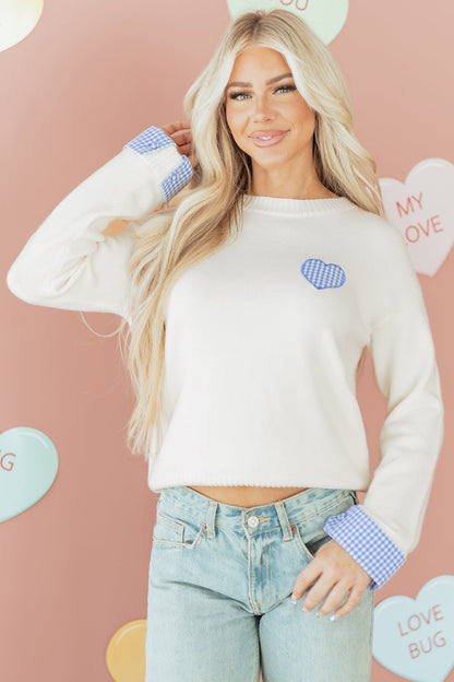 Valentine Gingham Heart Embroidered Crewneck Sweater