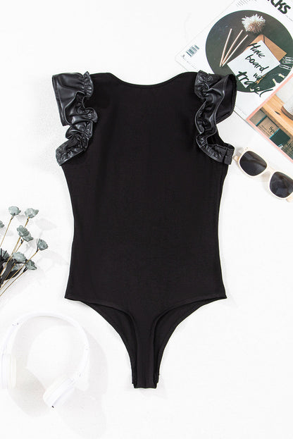 Solid Ribbed Leatherette Ruffle Sleeve Bodysuit