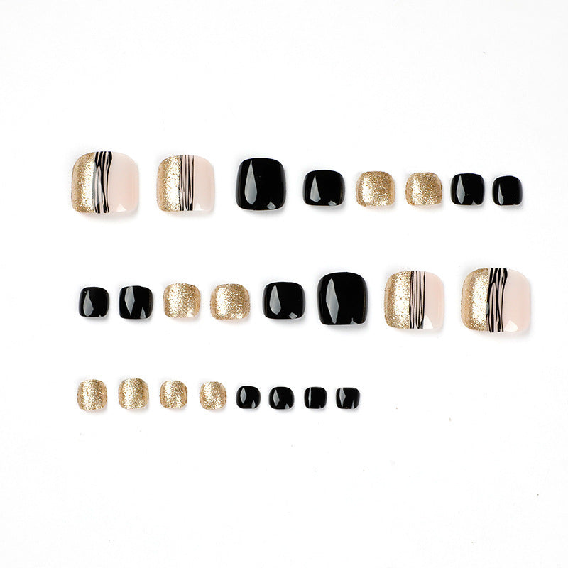 Fashion Black Line Gold Powder Manicure Nails