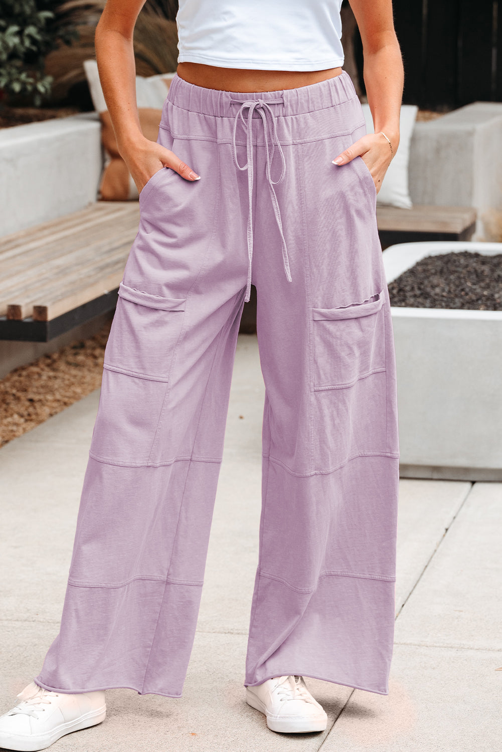 Mineral Wash Reverse Seam Drawstring Elastic Waist Pants