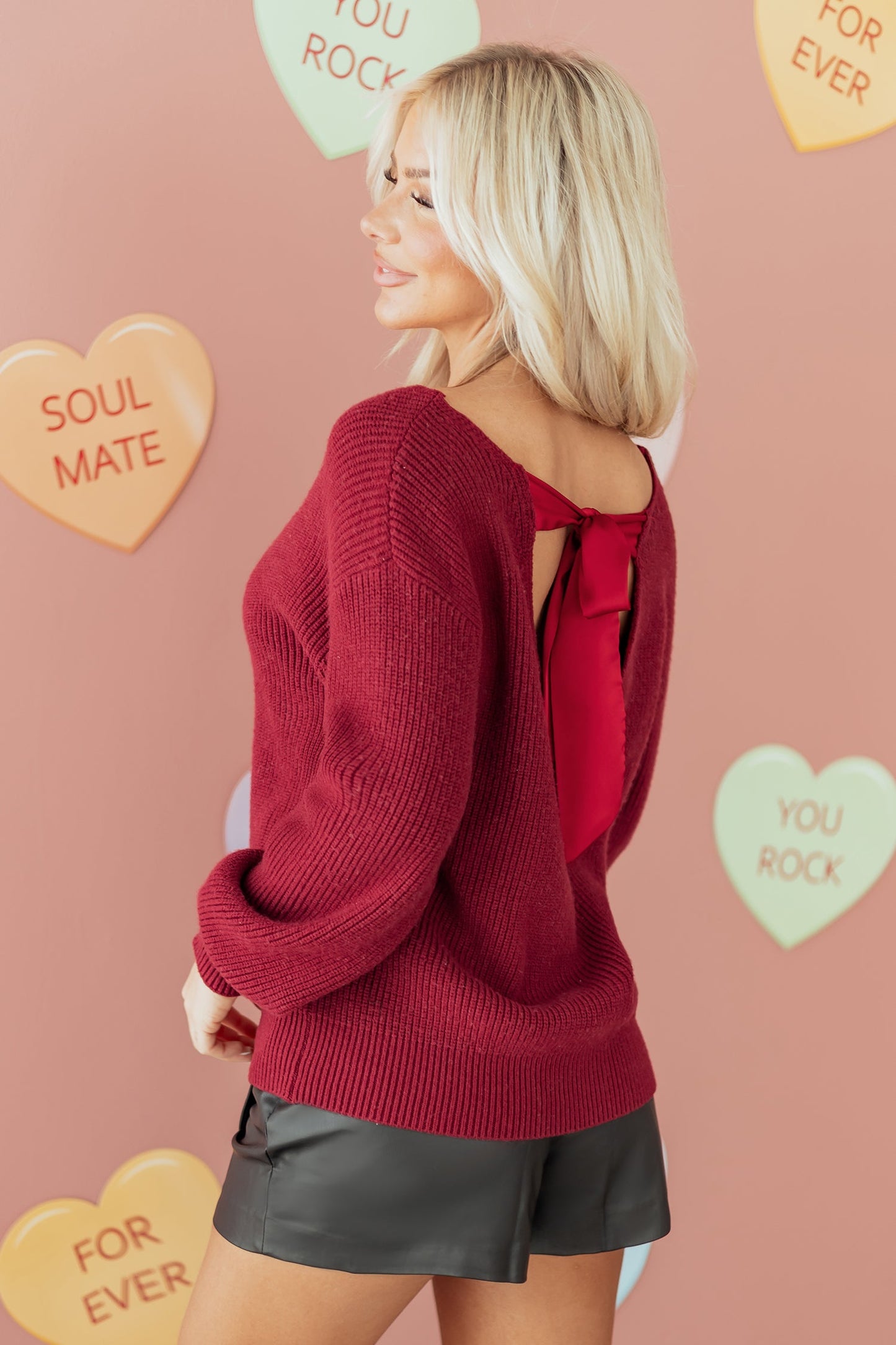 Ribbon Knot Backless Drop Shoulder Ribbed Sweater