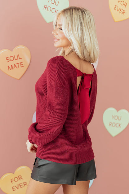 Ribbon Knot Backless Drop Shoulder Ribbed Sweater