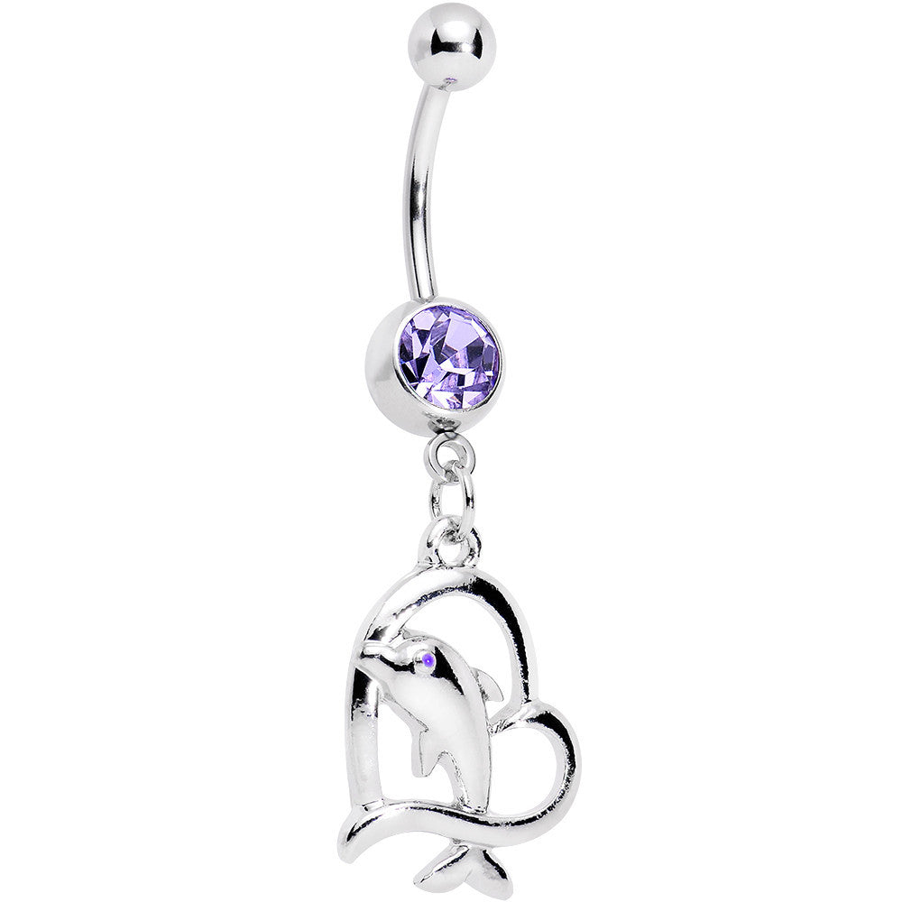 Purple Gem Dolphin in Heart Dangle Belly Ring
