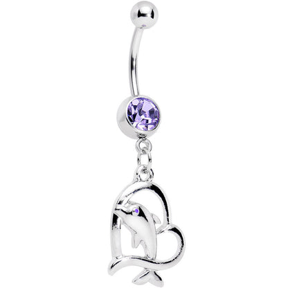 Purple Gem Dolphin in Heart Dangle Belly Ring