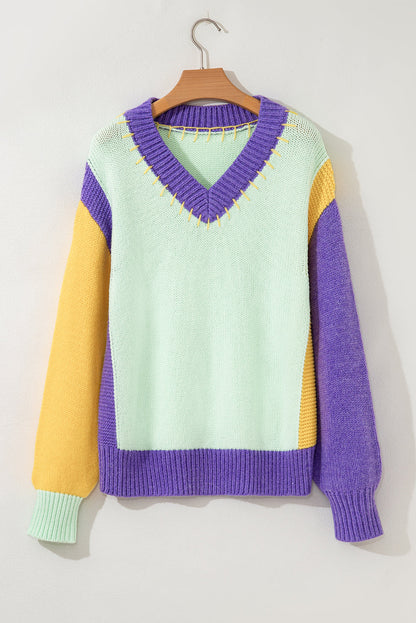 Color Block Stitched V-Neck Drop Shoulder Sweater
