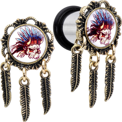 00G Steel Indian Skull Single Flare Feather Dangle Plug Set