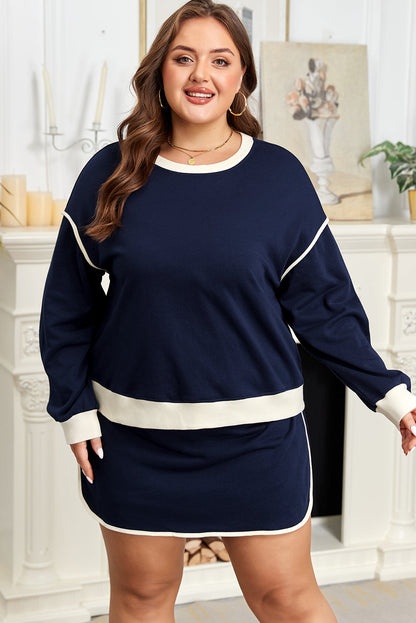 Plus Size Colorblock Top and Lace-up Skirt Set