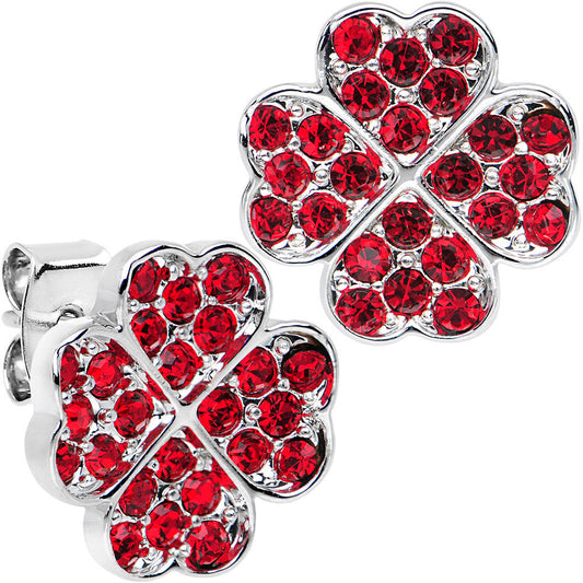 Stainless Steel Post Red Four Leaf Clover Heart Stud Earrings