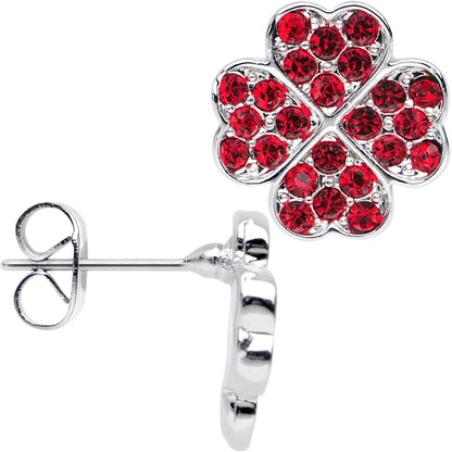 Stainless Steel Post Red Four Leaf Clover Heart Stud Earrings