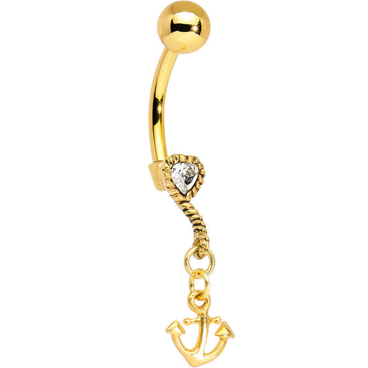 Gold Plated 925 Silver Anchor My Heart Clear Dangle Belly Ring