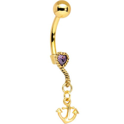 Gold Plated 925 Silver Anchor My Heart PurpleGem Dangle Belly Ring