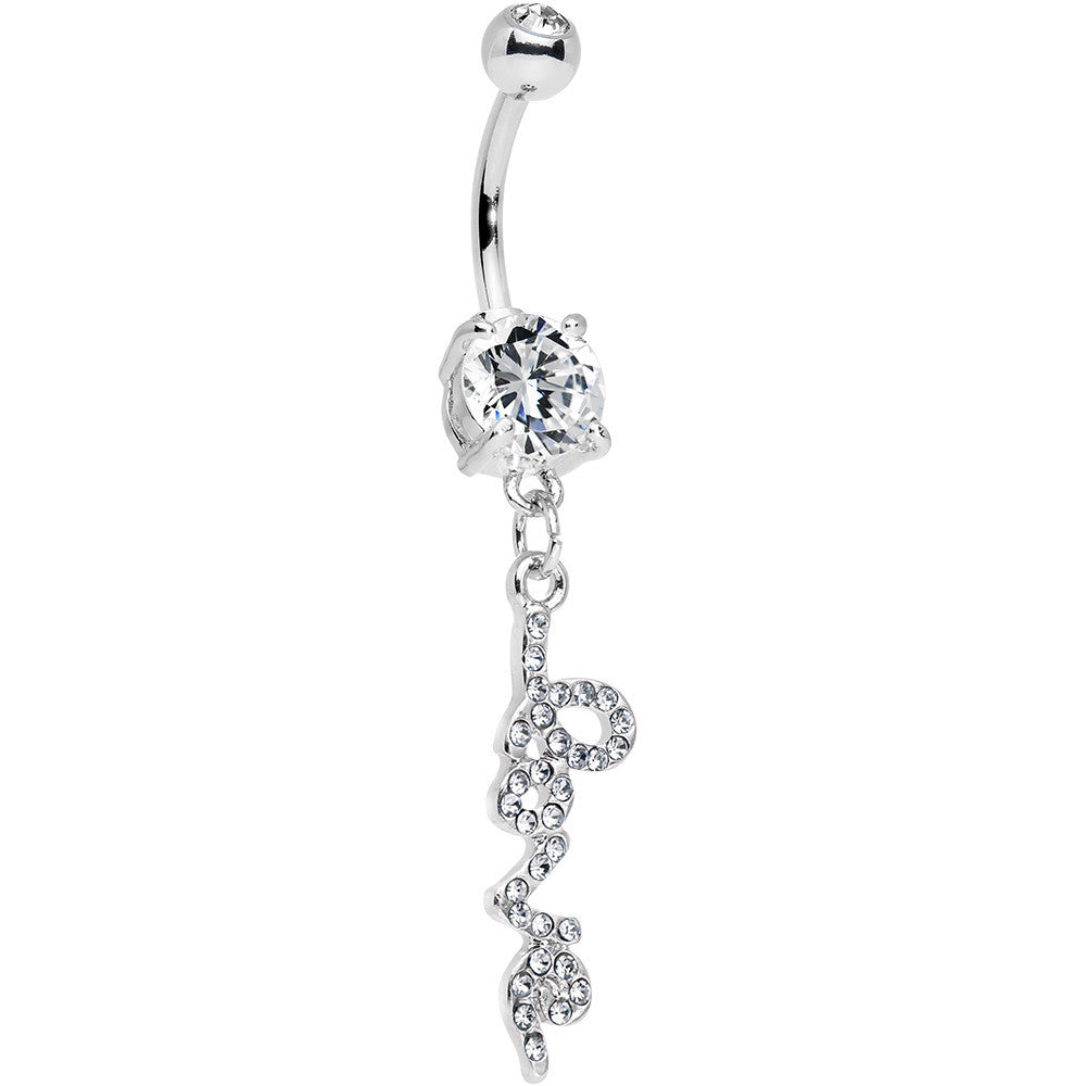 Clear Gem Studded Love Cursive Text Dangle Belly Ring