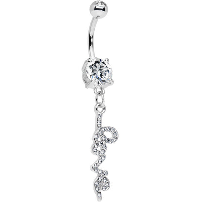 Clear Gem Studded Love Cursive Text Dangle Belly Ring
