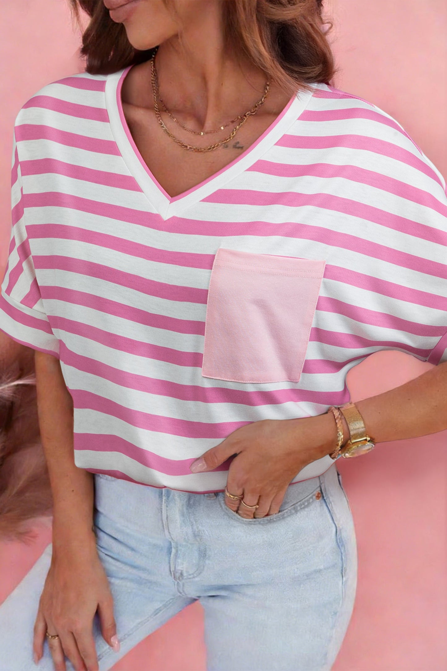 Stripe V-Neck Patch Pocket Casual T-Shirt