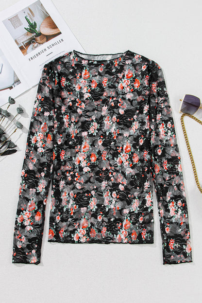 Floral Mesh Sheer Long Sleeve Top