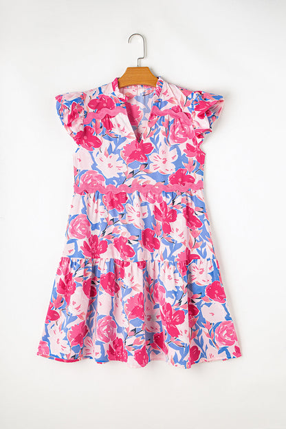 Floral V-Notch Ric-Rac Flutter Sleeve Dress