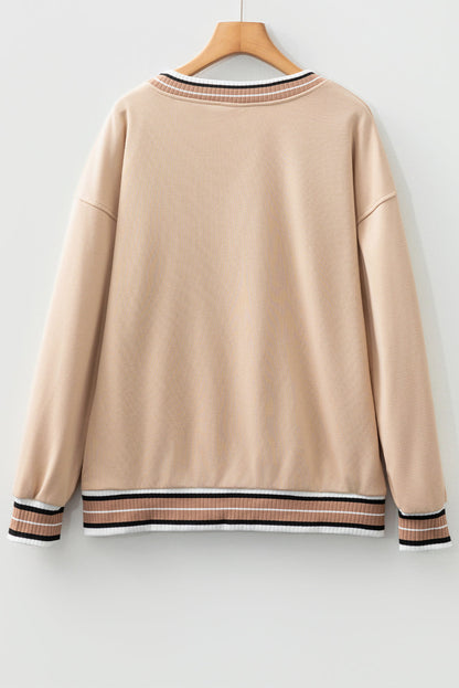 Varsity Contrast Stripe Trim V-Neck Sweatshirt