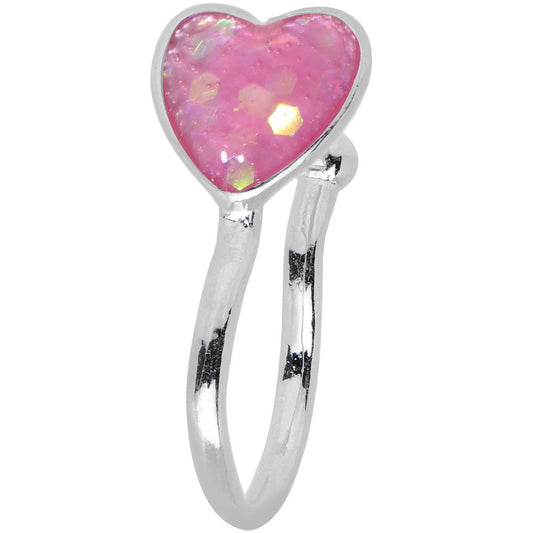 Pink Synthetic Opal Rhodium Plated Heart Clip On Fake Nose Ring