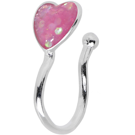 Pink Synthetic Opal Rhodium Plated Heart Clip On Fake Nose Ring