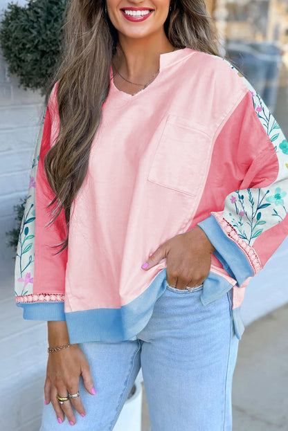 Floral Colorblock Patchwork Chest Pocket Long Sleeve Top