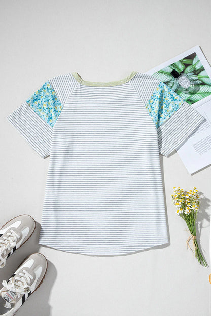 Floral Contrast Stripe Insert Sleeve Round Neck Tee