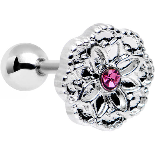 16G 1/4 Pink Gem Steel Mandala Flower Tragus Cartilage Earring