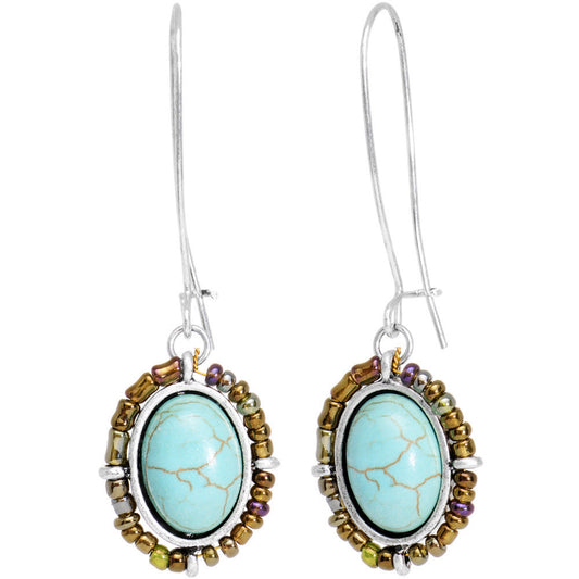 Burnished Silver Tone Tuquoise Kidney Earwire Earrings